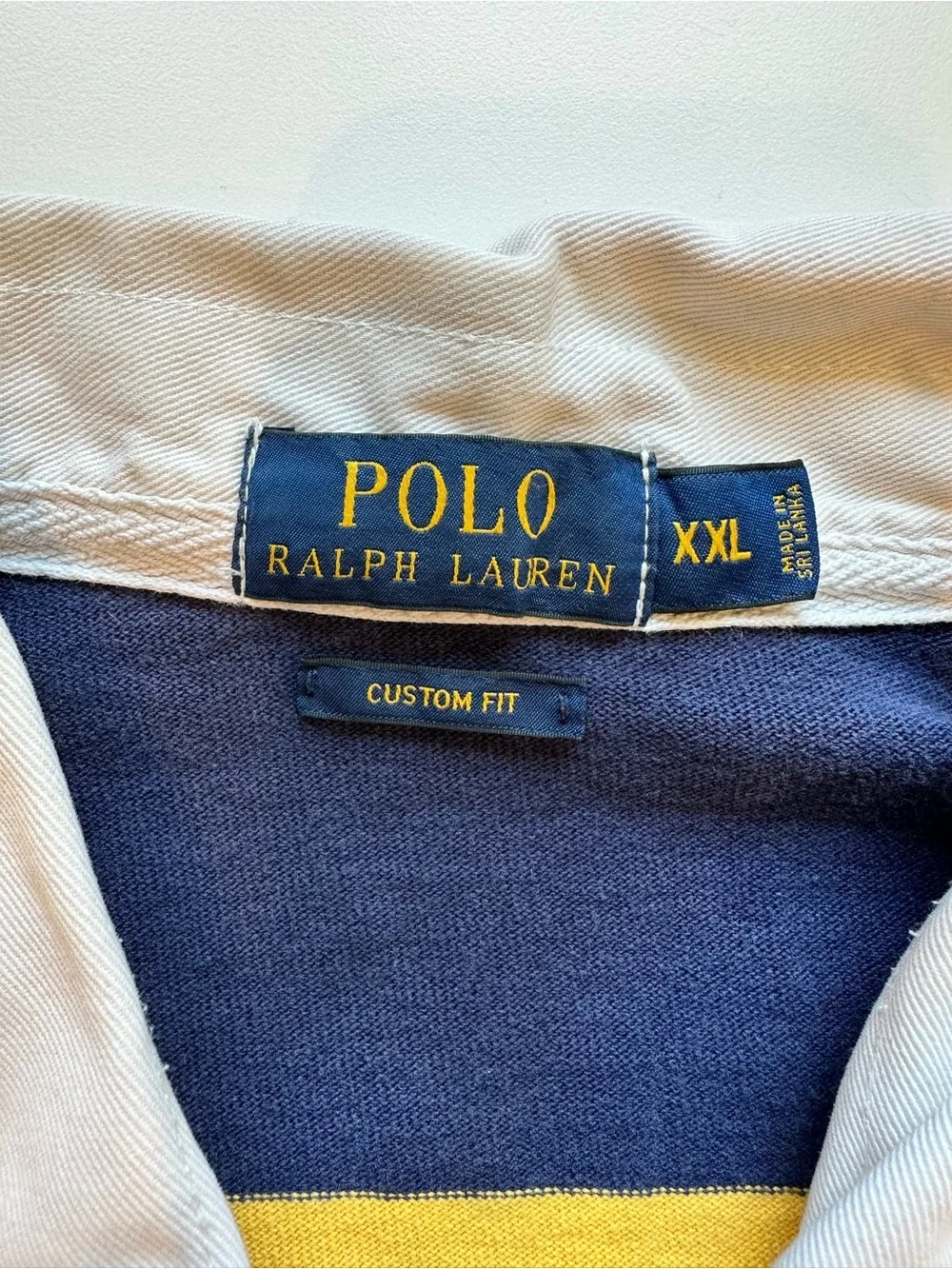 Polo Ralph Lauren Rugby Shirt XXL Custom Fit Navy Gold Striped Elbow Patch